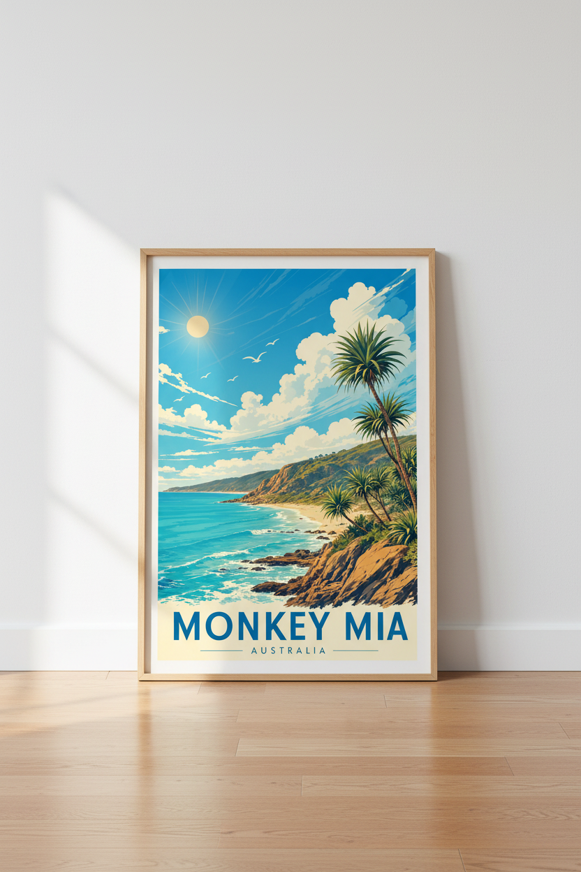 Monkey Mia Australia Travel Poster | Coastal Beach Wall Art | Vintage Aesthetic Print