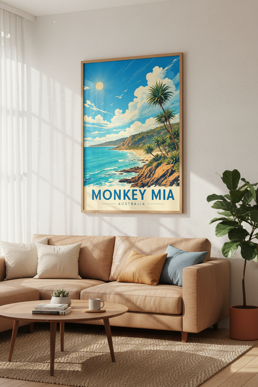 Monkey Mia Australia Travel Poster | Coastal Beach Wall Art | Vintage Aesthetic Print