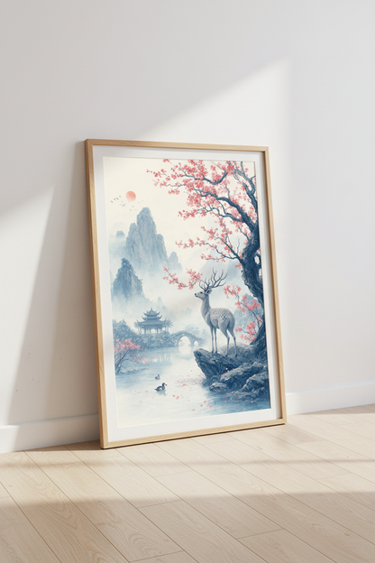Japanese Deer &amp; Cherry Blossom Art | Zen Landscape Print, Living Room Decor