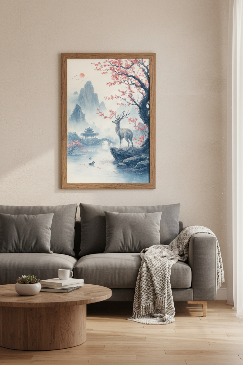 Japanese Deer &amp; Cherry Blossom Art | Zen Landscape Print, Living Room Decor
