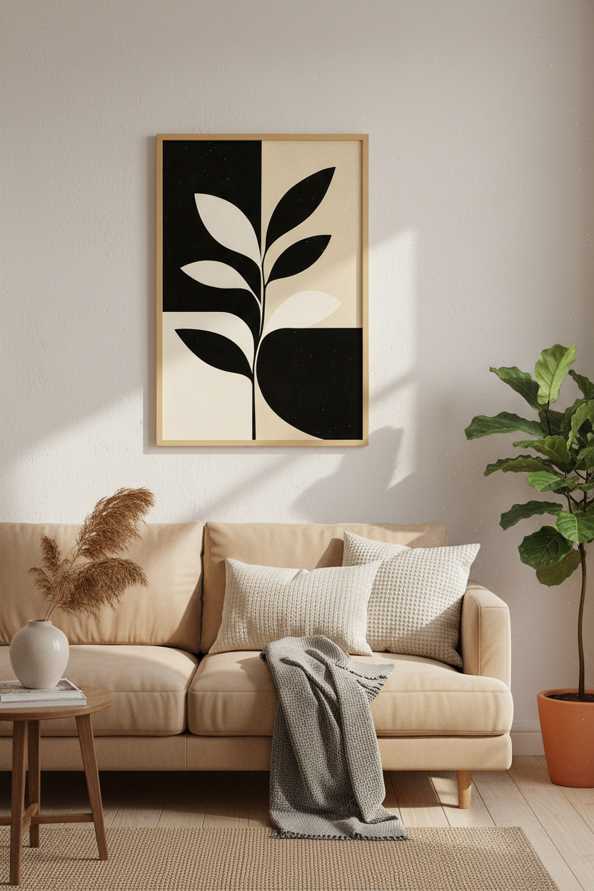 Minimalist Botanical Poster | Black Cream Palette, Living Room