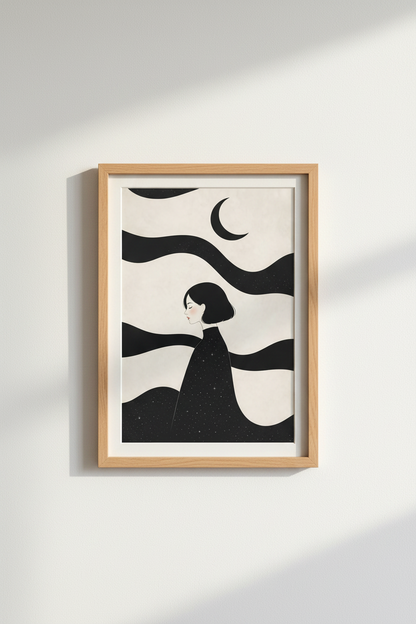 Minimalist Line Art | Monochrome Moonlit, Living Room Decor | Elegant Poster