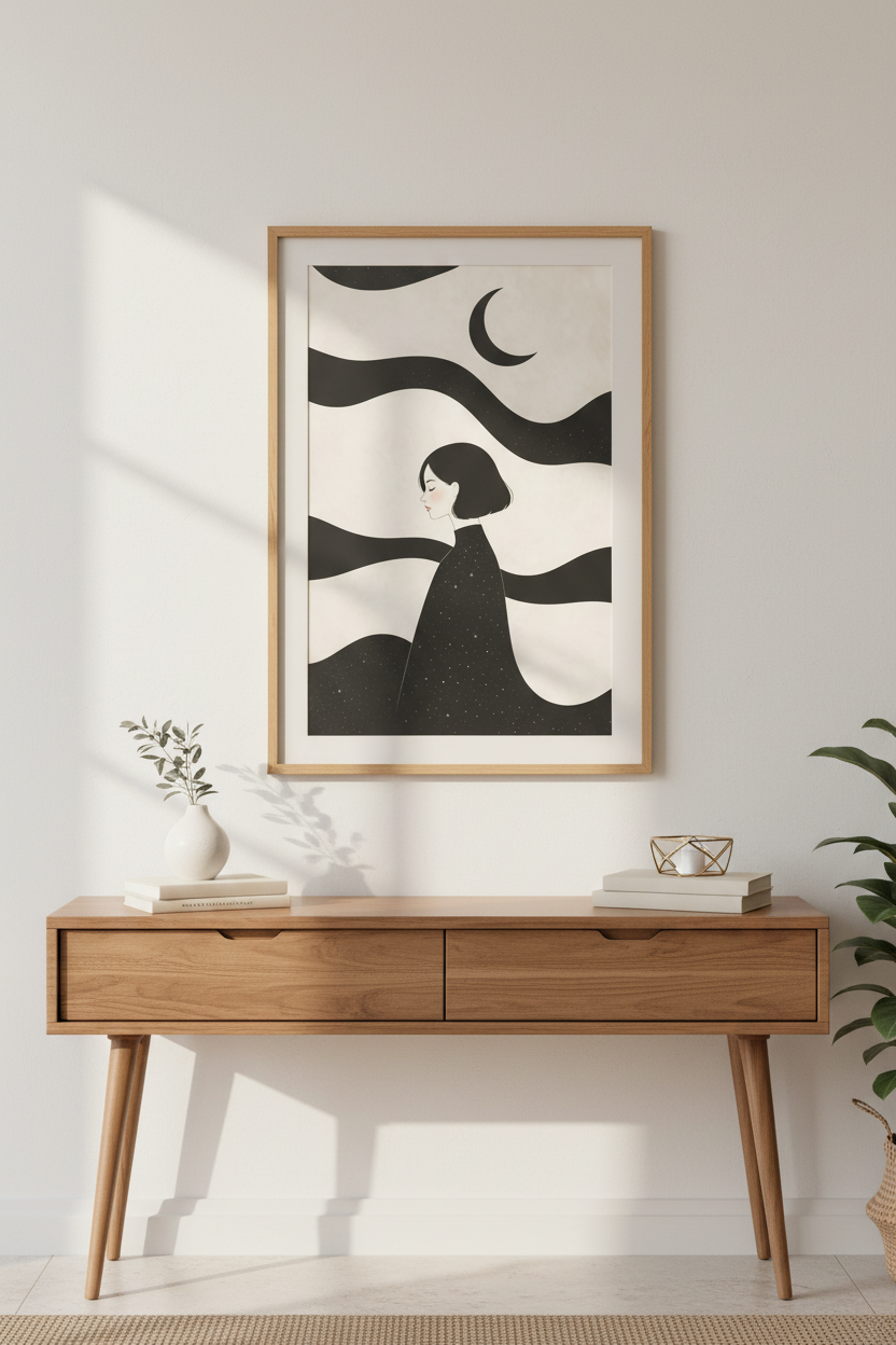 Minimalist Line Art | Monochrome Moonlit, Living Room Decor | Elegant Poster
