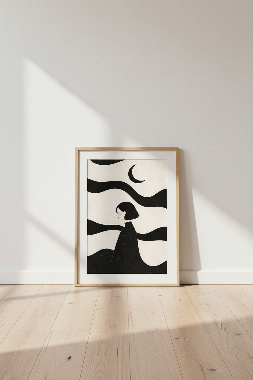 Minimalist Line Art | Monochrome Moonlit, Living Room Decor | Elegant Poster