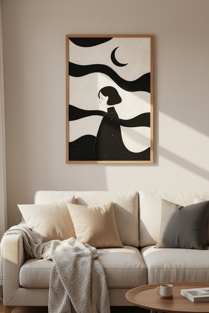 Minimalist Line Art | Monochrome Moonlit, Living Room Decor | Elegant Poster
