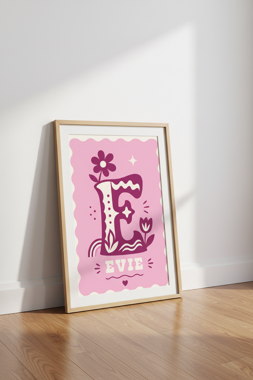 Letter E Evie Name Print | Pink Groovy Retro Wall Art, Nursery Decor