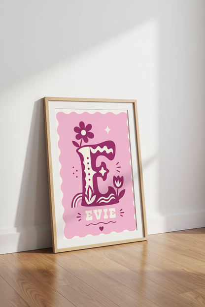 Letter E Evie Name Print | Pink Groovy Retro Wall Art, Nursery Decor