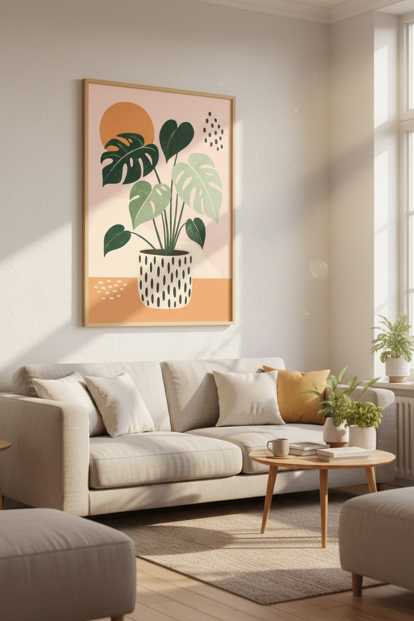 Monstera Plant Wall Art | Mid Century Modern Botanical, Boho Living Room Decor