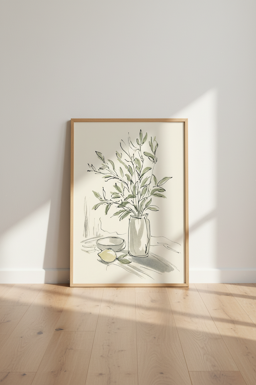 Minimalist Olive Branch Sketch | Sage Green Still Life Art, Modern Kitchen Decor
