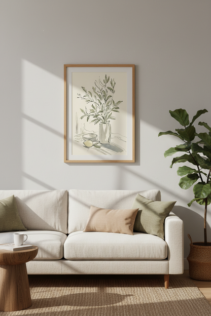 Minimalist Olive Branch Sketch | Sage Green Still Life Art, Modern Kitchen Decor
