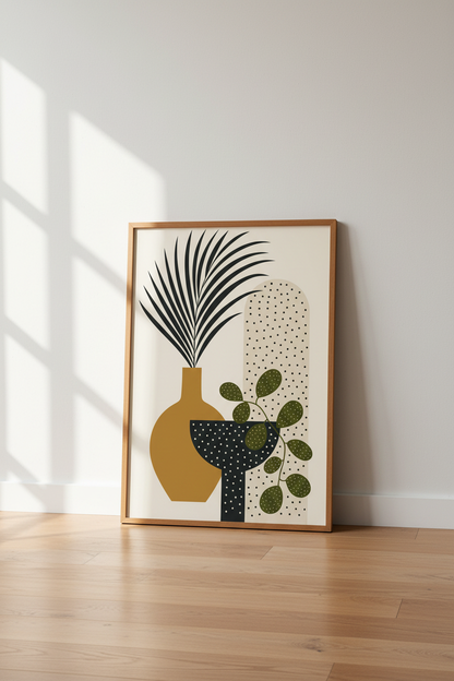 Boho Botanical Still Life | Earthy Shapes &amp; Palm Leaf, Modern Gallery Wall Art