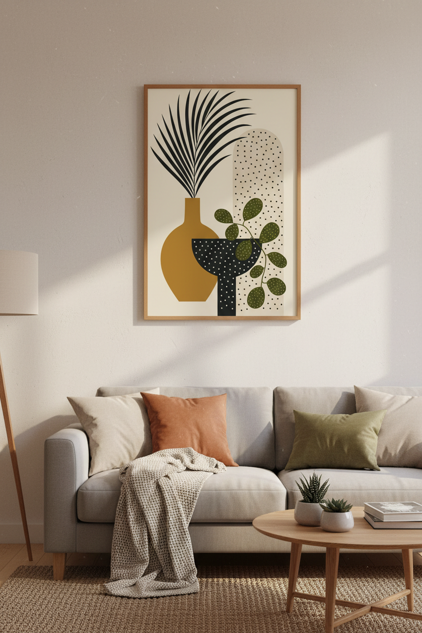 Boho Botanical Still Life | Earthy Shapes &amp; Palm Leaf, Modern Gallery Wall Art