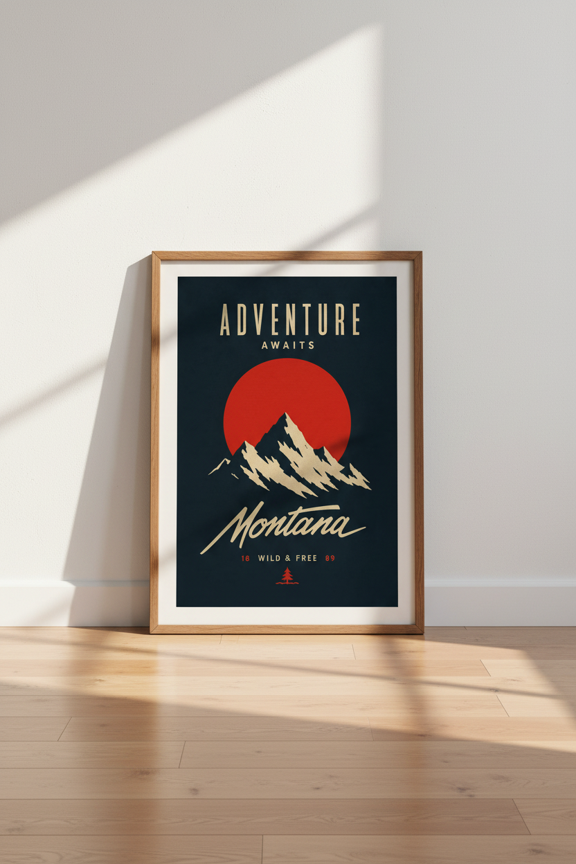 Montana Mountain Wall Art Print | Navy Blue Retro Decor | Adventure Poster