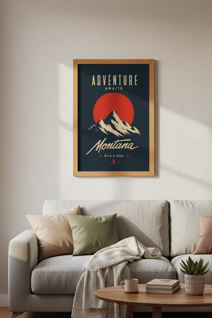 Montana Mountain Wall Art Print | Navy Blue Retro Decor | Adventure Poster