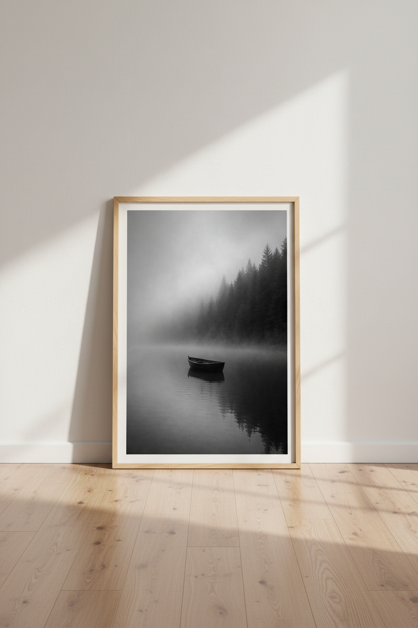 Moody Nature Wall Art Print | Black and White Lake Poster, Minimalist Foggy Forest Decor