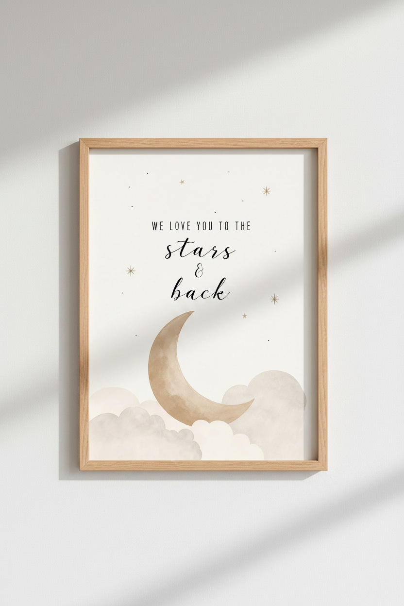 Moon and Stars Nursery Wall Art | Beige Celestial Decor | Neutral Kids Poster