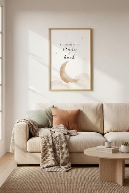 Moon and Stars Nursery Wall Art | Beige Celestial Decor | Neutral Kids Poster