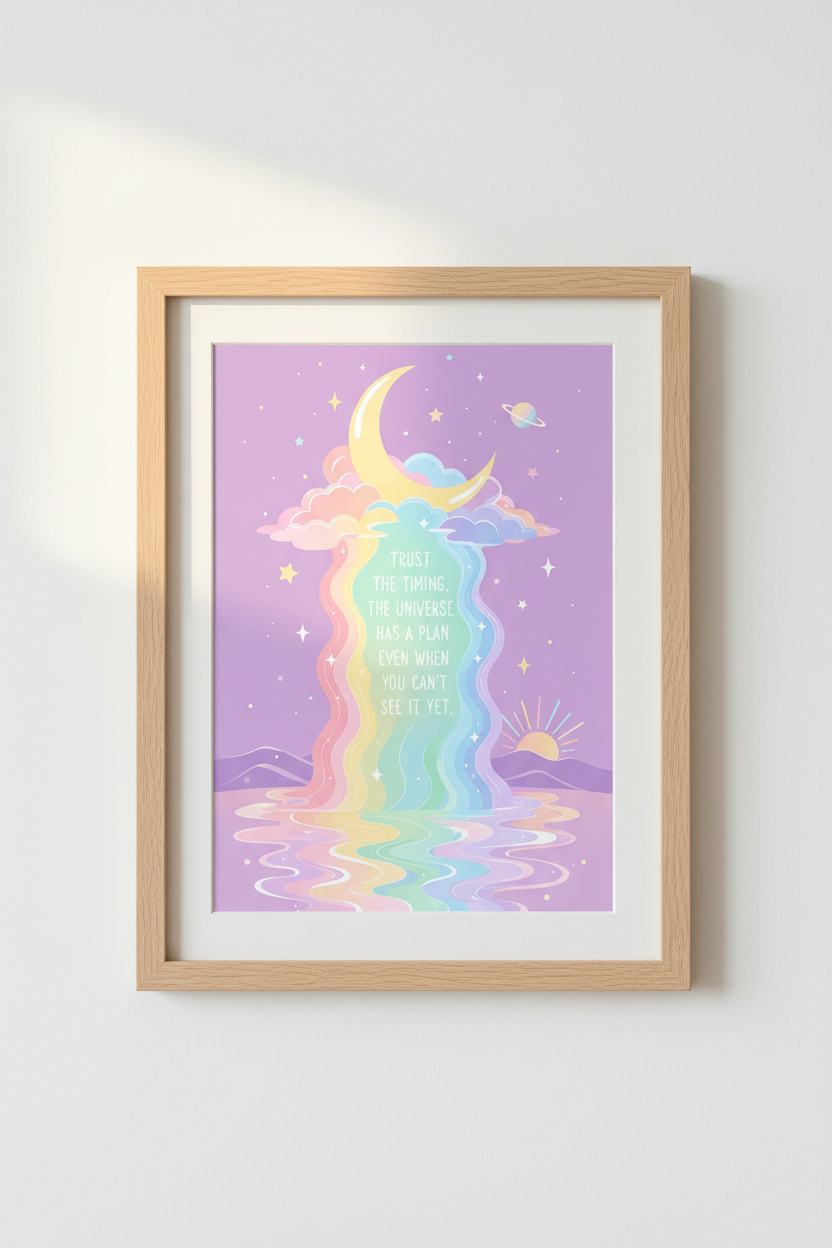 Pastel Celestial Wall Art Print | Rainbow Moon Poster, Zen Positive Quote Room Decor
