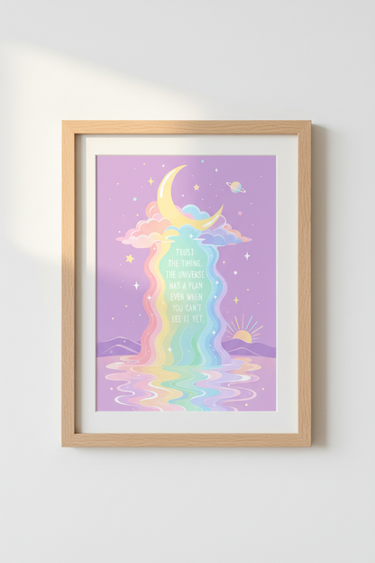 Pastel Celestial Wall Art Print | Rainbow Moon Poster, Zen Positive Quote Room Decor