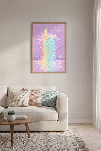 Pastel Celestial Wall Art Print | Rainbow Moon Poster, Zen Positive Quote Room Decor
