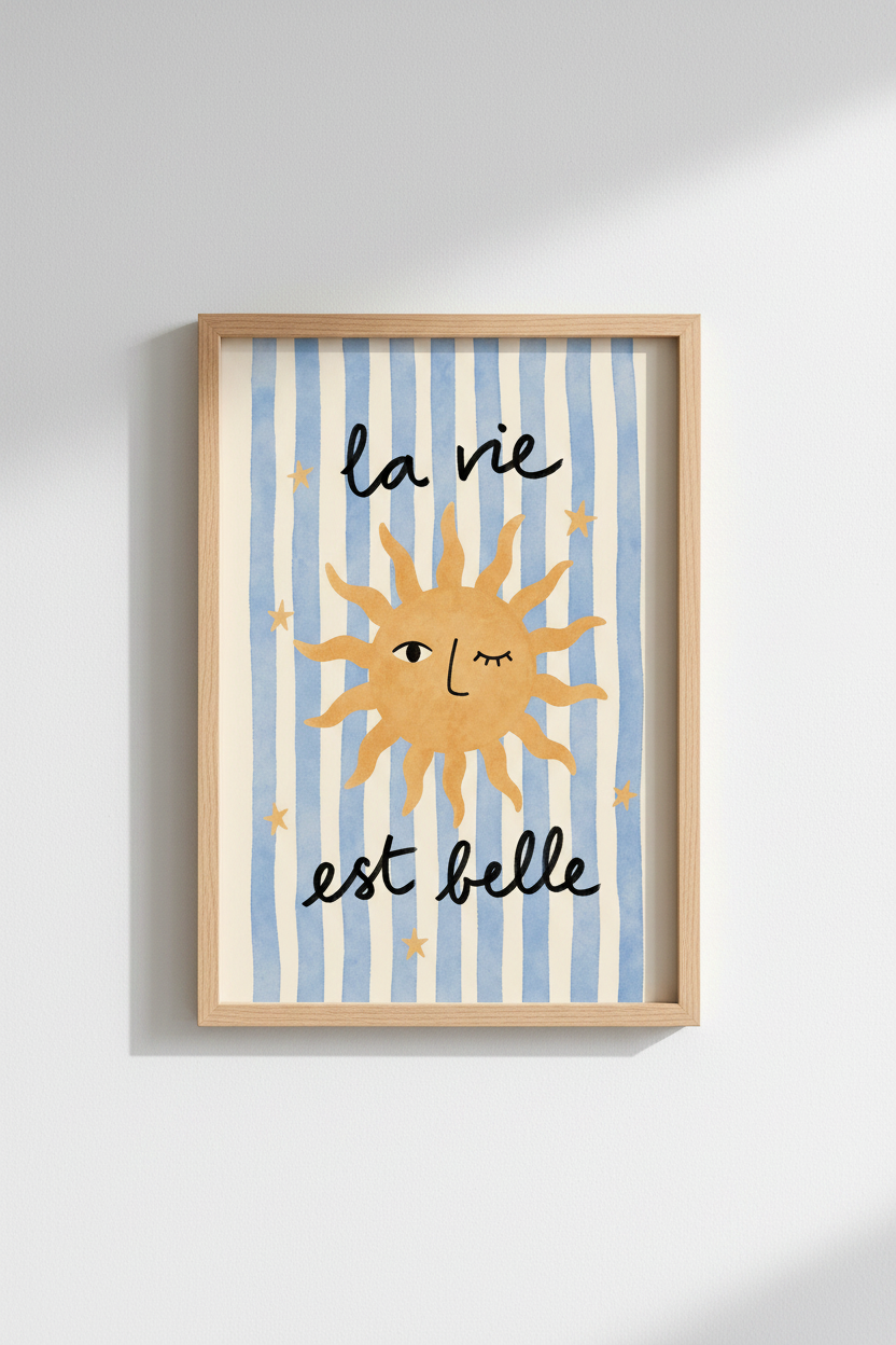 Whimsical sun art | Naive watercolor, blue stripes, living room decor