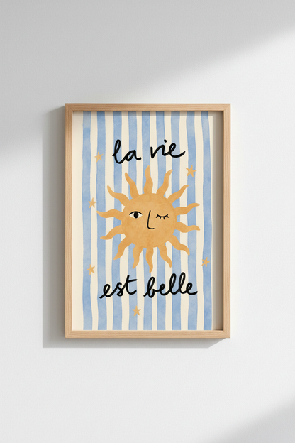Whimsical sun art | Naive watercolor, blue stripes, living room decor