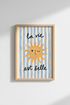 Whimsical sun art | Naive watercolor, blue stripes, living room decor