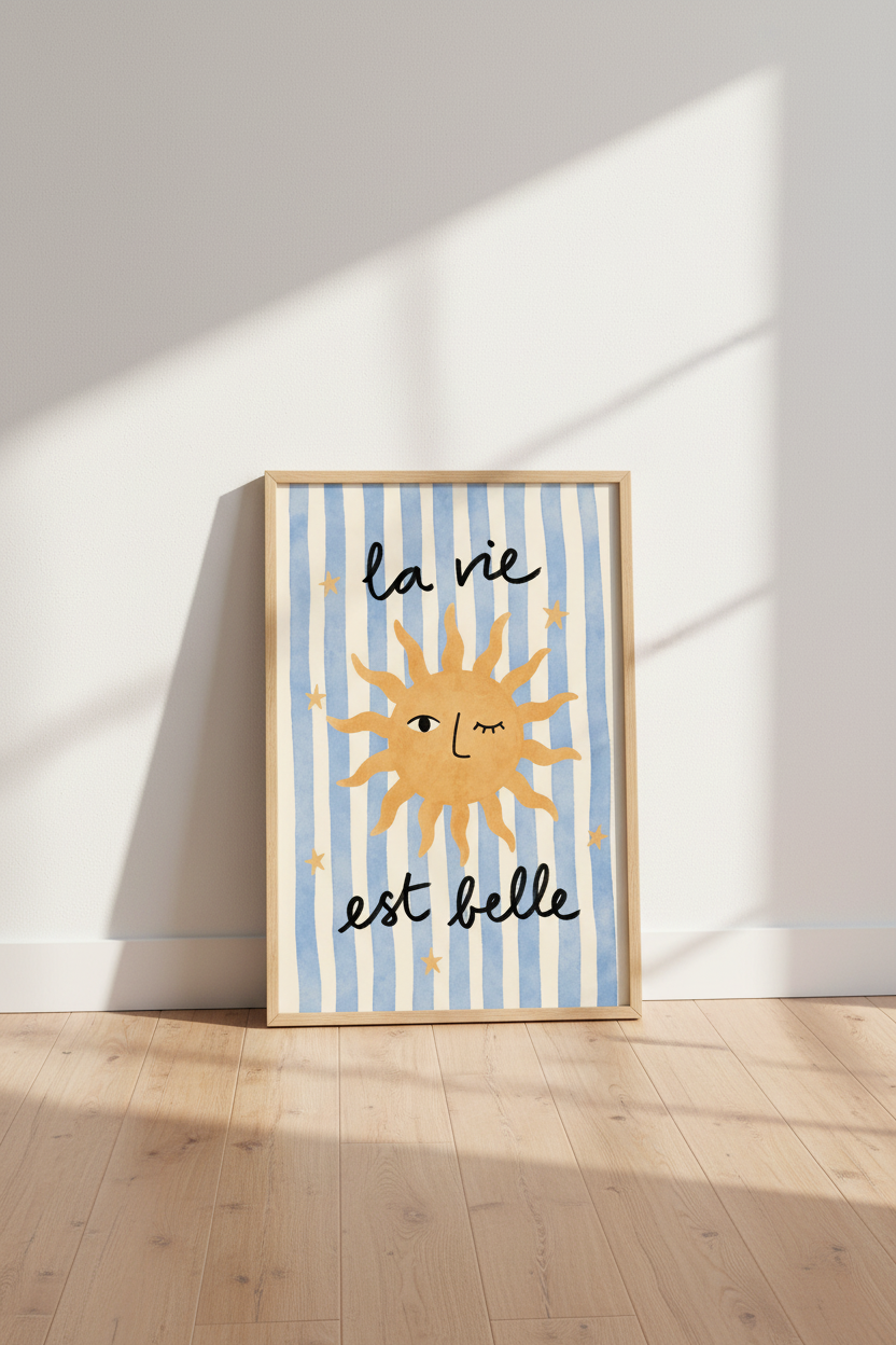 Whimsical sun art | Naive watercolor, blue stripes, living room decor