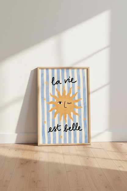 Whimsical sun art | Naive watercolor, blue stripes, living room decor