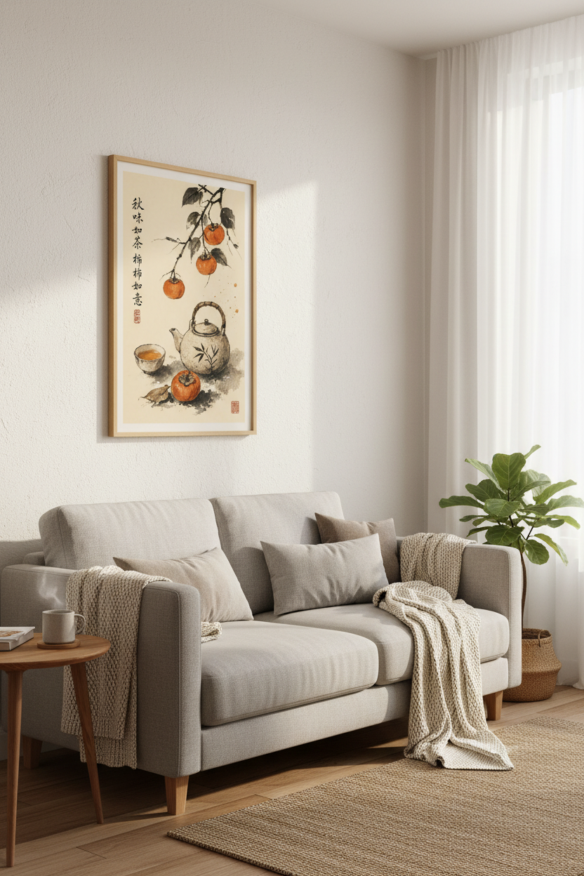 Japanese Persimmon &amp; Tea Wall Art | Zen Kitchen Decor | Sumi-e Style Poster