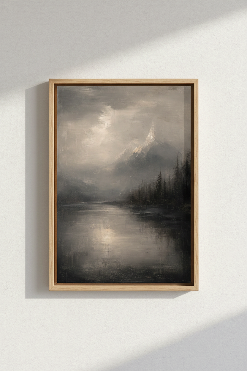 Moody Landscape Art Print | Moody Grey Mountain Lake, Living Room Decor Poster