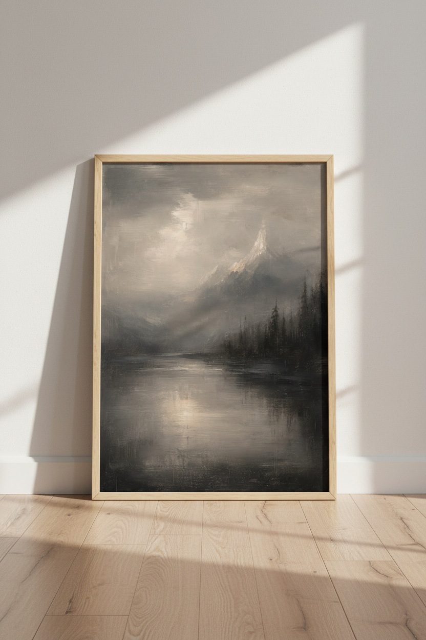 Moody Landscape Art Print | Moody Grey Mountain Lake, Living Room Decor Poster