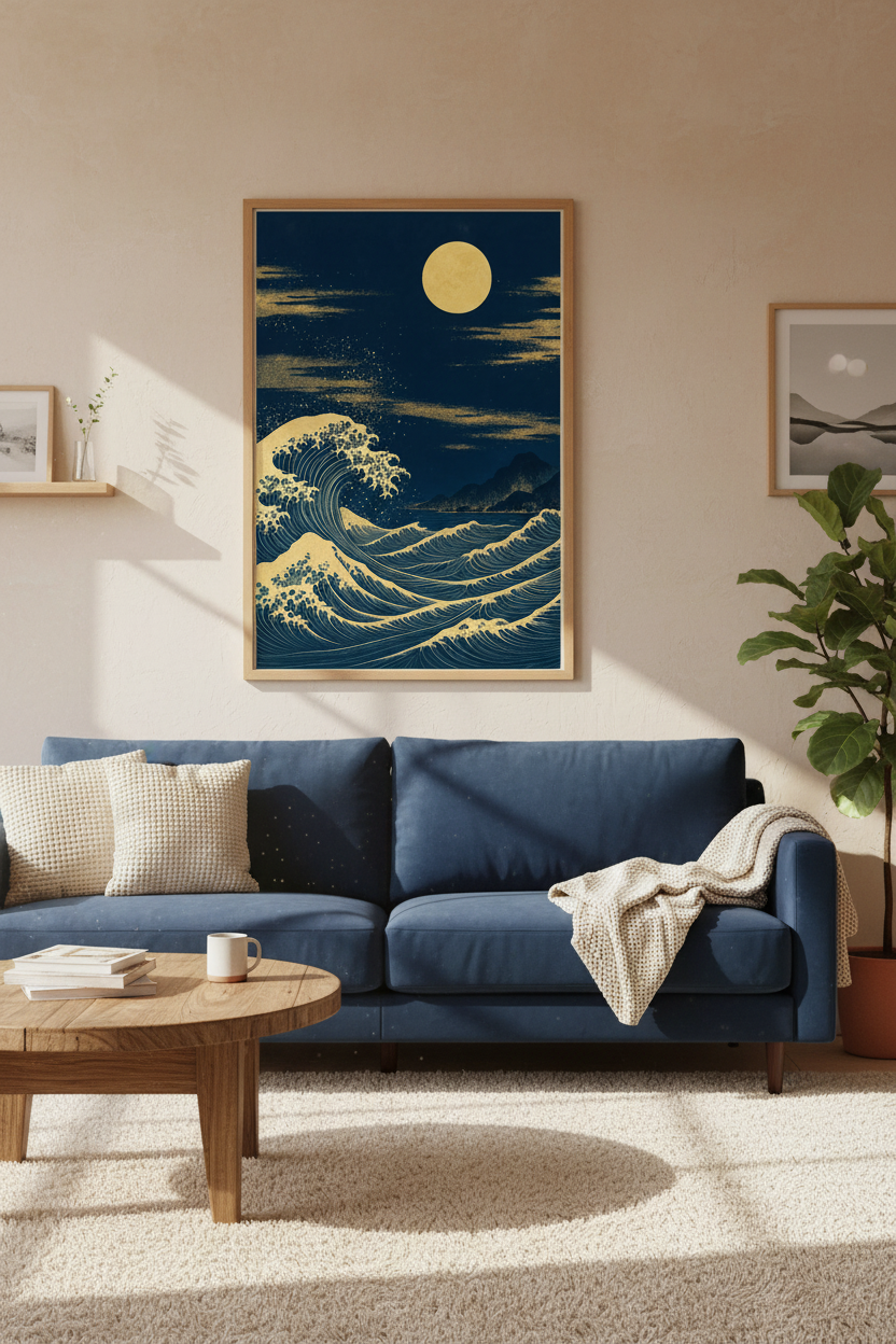Great Wave Japanese Wall Art | Gold &amp; Navy Blue Decor | Japandi Poster