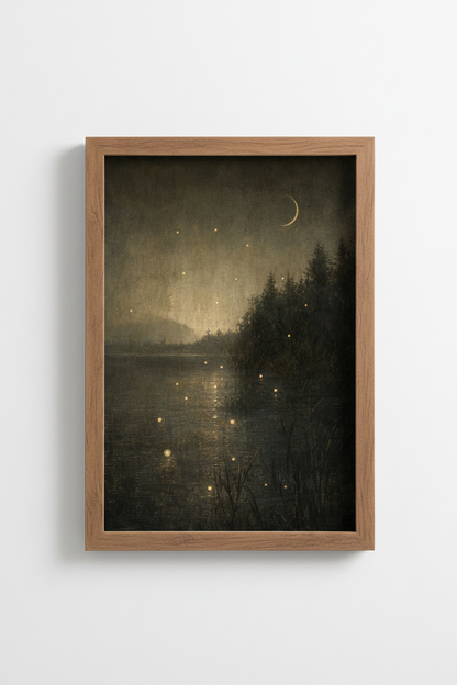 Moonlit Forest Lake Wall Art | Moody Dark Academia Decor | Ethereal Nature Poster