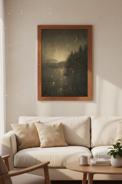 Moonlit Forest Lake Wall Art | Moody Dark Academia Decor | Ethereal Nature Poster
