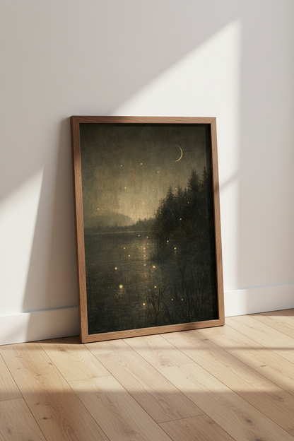 Moonlit Forest Lake Wall Art | Moody Dark Academia Decor | Ethereal Nature Poster