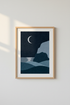 Minimalist Moon & Sea Wall Art | Navy Blue Night Landscape, Bedroom Decor Poster
