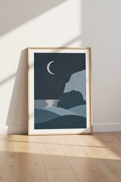 Minimalist Moon &amp; Sea Wall Art | Navy Blue Night Landscape, Bedroom Decor Poster