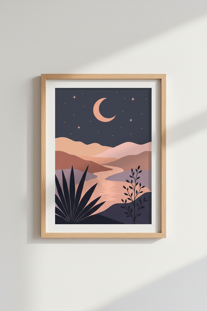 Boho Celestial Wall Art Print | Moon Landscape Poster | Minimalist Bedroom Decor