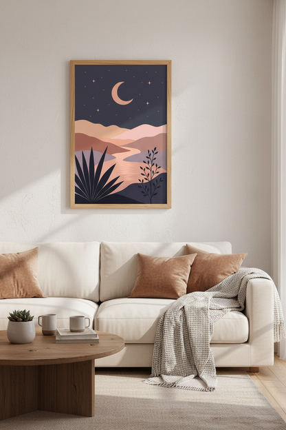 Boho Celestial Wall Art Print | Moon Landscape Poster | Minimalist Bedroom Decor