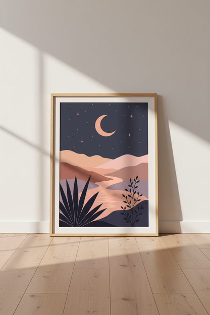 Boho Celestial Wall Art Print | Moon Landscape Poster | Minimalist Bedroom Decor