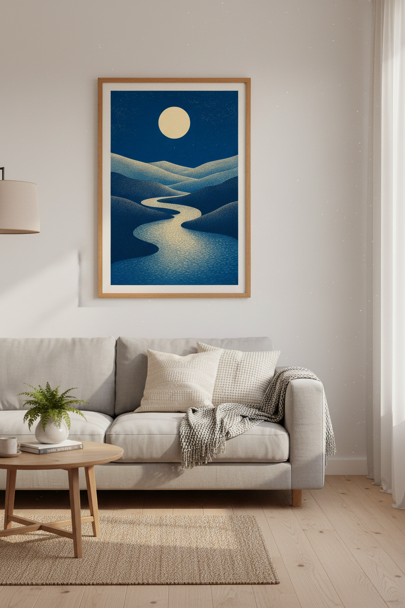 Moonlit River Landscape Wall Art Print | Navy Blue Bedroom Decor | Abstract Nature Poster