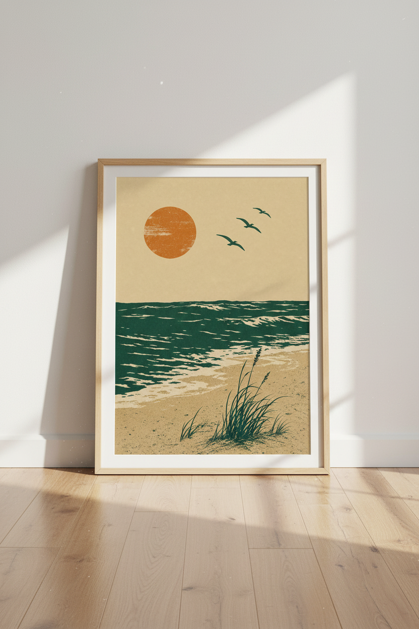 Retro Beach Landscape Wall Art | Teal Ocean Sunset, Coastal Decor Poster