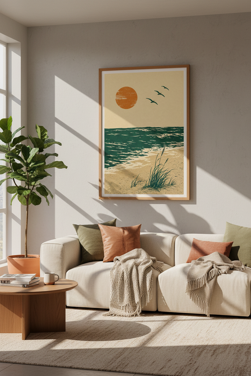 Retro Beach Landscape Wall Art | Teal Ocean Sunset, Coastal Decor Poster