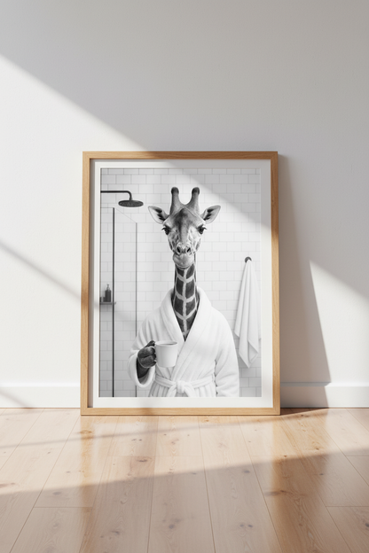 Giraffe in Bathrobe Wall Art | Funny Bathroom Decor | Black and White Poster