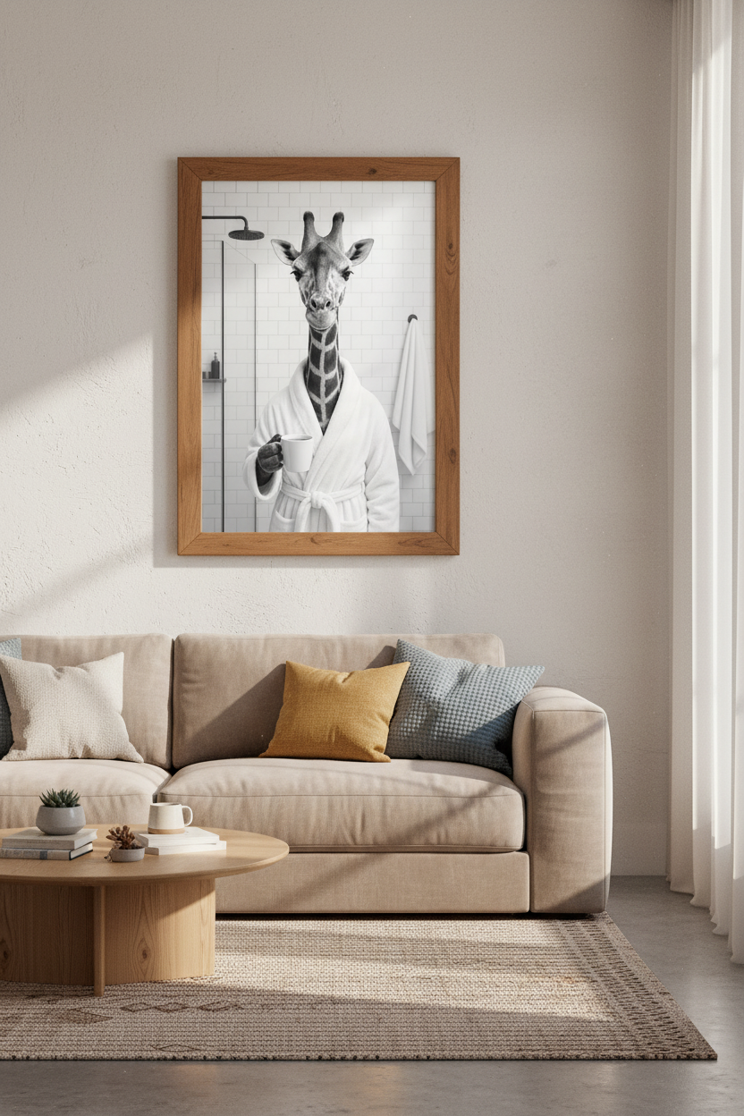Giraffe in Bathrobe Wall Art | Funny Bathroom Decor | Black and White Poster