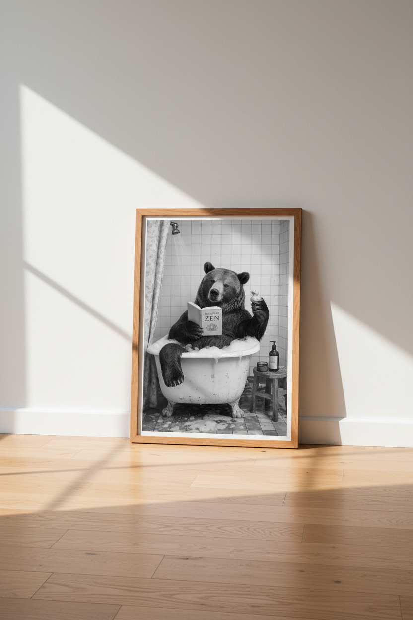 Bear in Bathtub Wall Art | Funny Zen Animal Print, Black &amp; White Bathroom Decor
