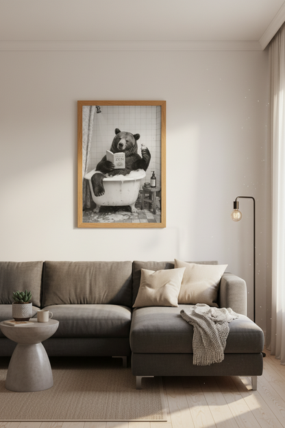 Bear in Bathtub Wall Art | Funny Zen Animal Print, Black &amp; White Bathroom Decor