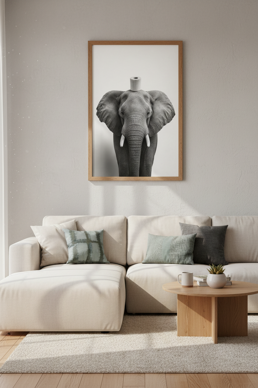 Elephant Toilet Paper Wall Art | Black and White Funny Bathroom Decor, Minimalist Poster