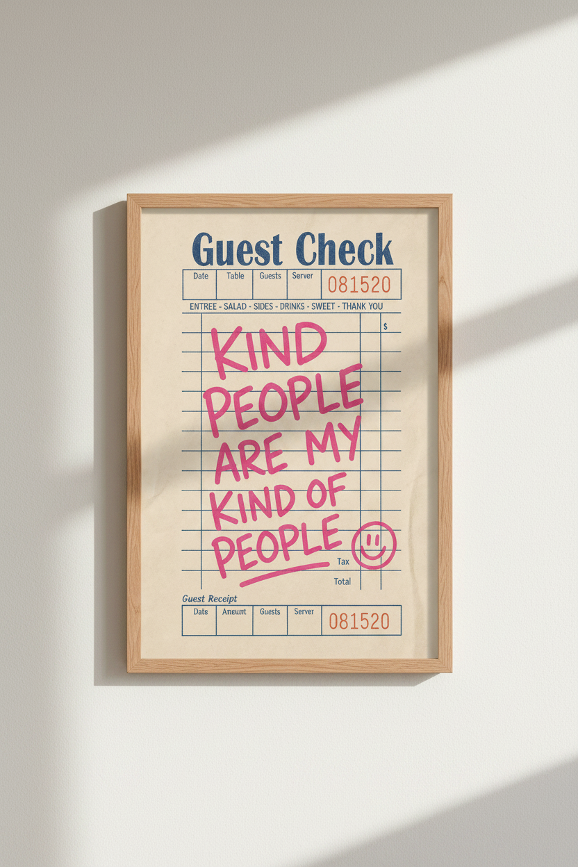 Retro Guest Check Print | Pink Kindness Quote Poster | Preppy Kitchen Wall Art
